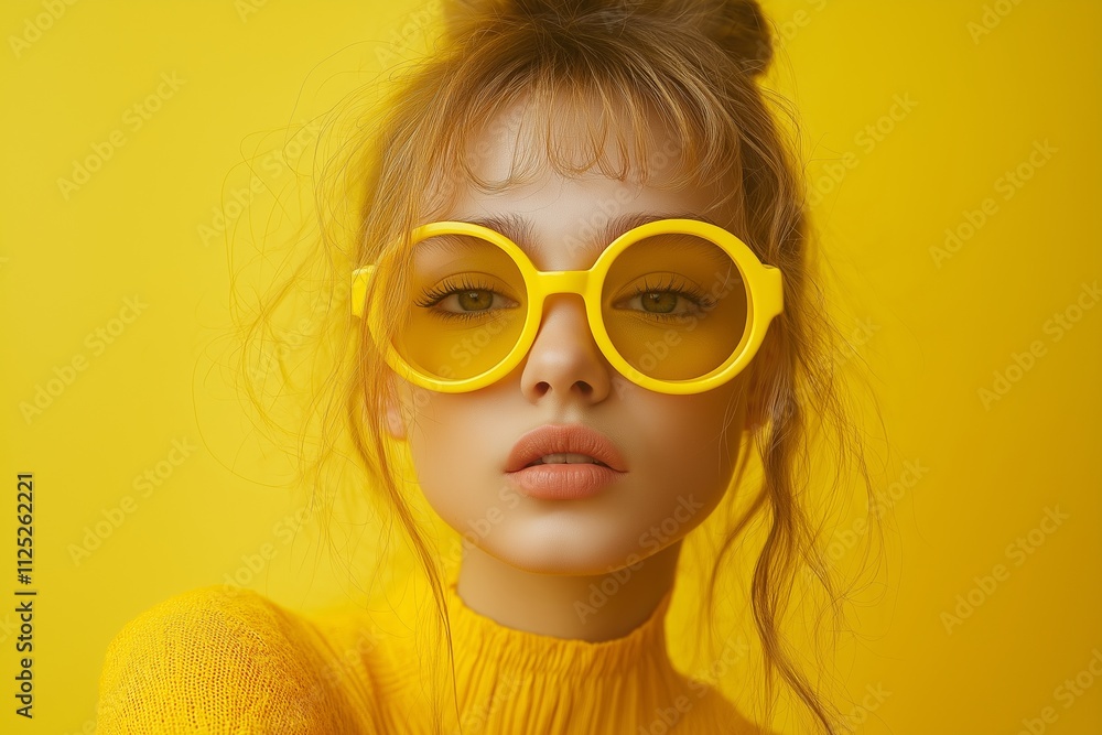 A model wearing striking yellow sunglasses, embodying modern fashion amidst a bright yellow setting. A model wearing striking yellow sunglasses, embodying modern fashion amidst a bright yellow setting.
