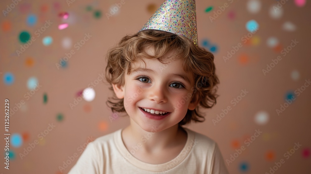 happy boy 10 years celebrating, birthday party Child wearing a golden party hat, happily laughing in a shower of golden confetti against a vibrant teal backdrop happy boy 10 years celebrating, birthday party Child wearing a golden party hat, happily laughing in a shower of golden confetti against a vibrant teal backdrop