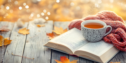 Cozy Cup of Coffee with Open Book and Warm Lighting photo