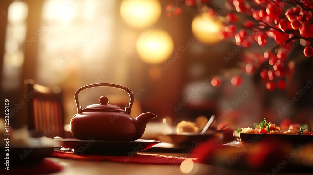 A serene dining setting with a teapot, red flowers, and warm ambient lighting, evoking a cozy atmosphere for sharing meals. A serene dining setting with a teapot, red flowers, and warm ambient lighting, evoking a cozy atmosphere for sharing meals.