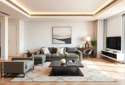 Stylish Living Room in a Beautiful Apartment, Highlighting Modern Minimalism, Flat Patterns, Elegant Colors, and a Simple Empty Table.
 photo