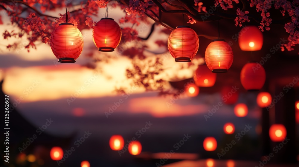 Lanterns glowing warmly under a blooming tree at sunset, creating a serene and enchanting atmosphere. Lanterns glowing warmly under a blooming tree at sunset, creating a serene and enchanting atmosphere.