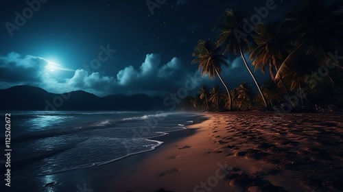 Beautiful moonlit tropical beach coast. Night time sandy coast with palm trees. Calm landscape with copy space. Outdoor background.