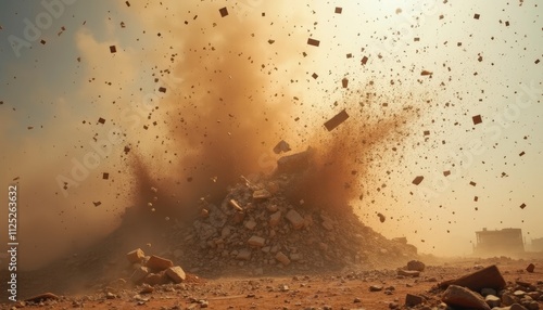 Dusty explosion of debris from a collapsed structure on a construction site in bright sunlight photo