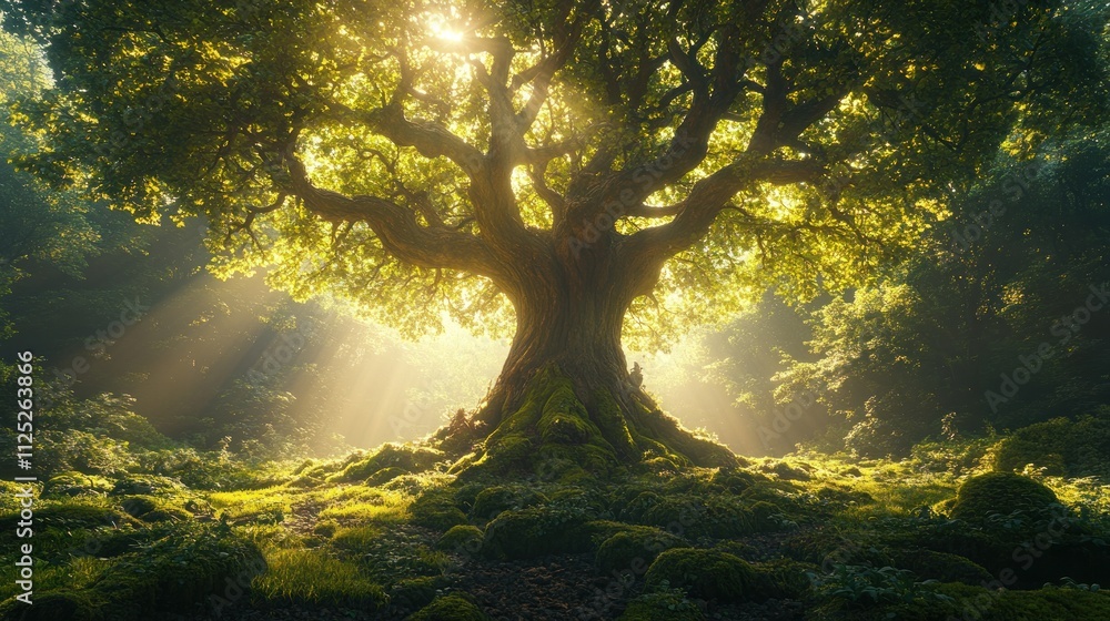Majestic ancient tree bathed in sunlight, mossy base, lush forest. Majestic ancient tree bathed in sunlight, mossy base, lush forest.