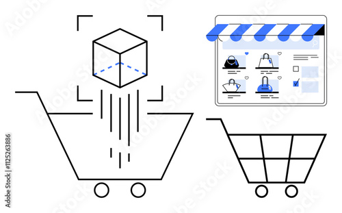 Shopping carts, 3D product scanning, and e-commerce website. Ideal for e-commerce, online retail, product visualization, data integration, technology, shopping experience user interface metaphors