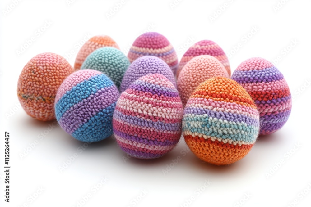 A collection of colorful, knitted eggs arranged in a playful display. A collection of colorful, knitted eggs arranged in a playful display.