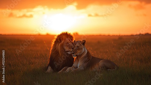 Wallpaper Mural A lion and lioness sitting close together on a grassy savanna, with a dramatic sunset behind them. Torontodigital.ca