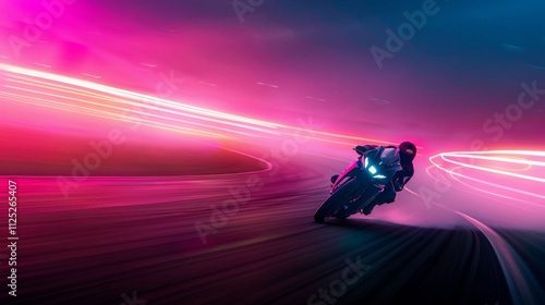 futuristic motorcycle rider zooms down a neon-lit highway at night, creating a sense of speed and adventure. dynamic high-speed racing and cutting-edge technology.