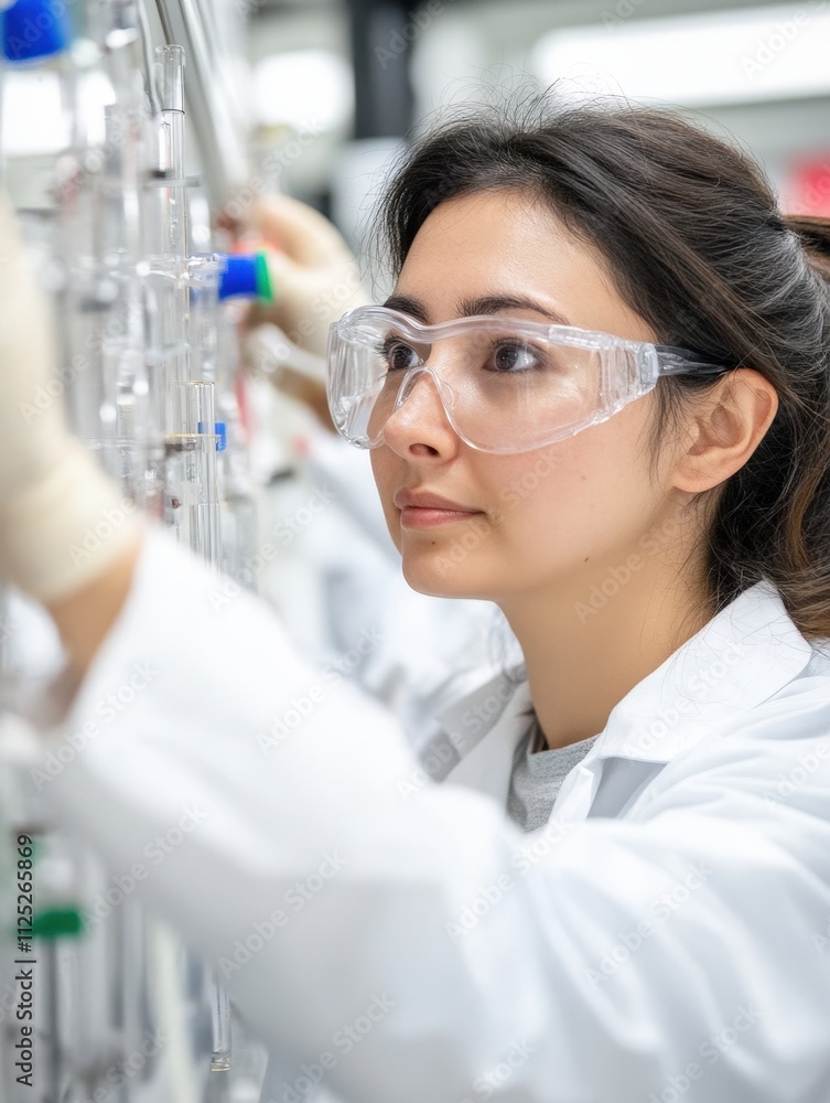 Female Scientist in Lab Conducting Research with Glasses and Equipment Female Scientist in Lab Conducting Research with Glasses and Equipment