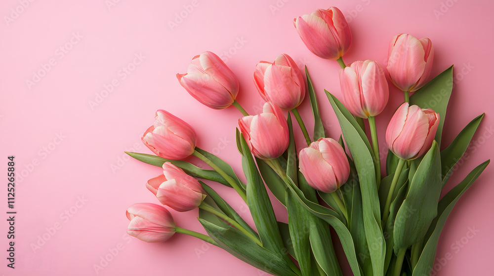 Obraz premium Pink Tulips on Pink Background Top View Spring Bouquet