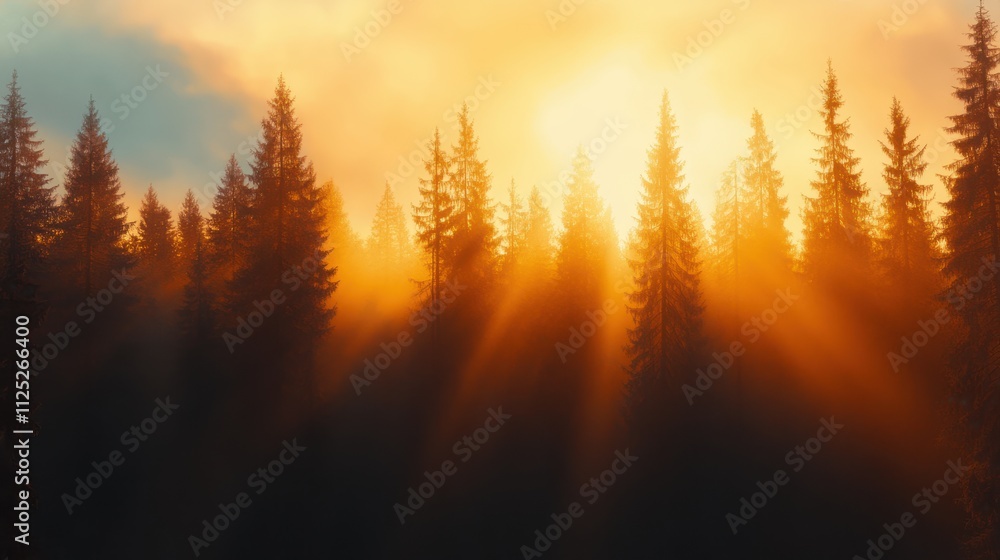 A serene forest scene captures the golden hues of a sunset illuminating tall pine trees, creating a tranquil atmosphere perfect for nature-themed projects, publications, or calming backgrounds, A serene forest scene captures the golden hues of a sunset illuminating tall pine trees, creating a tranquil atmosphere perfect for nature-themed projects, publications, or calming backgrounds,