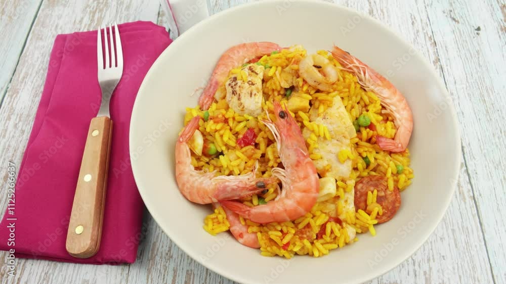 assiette de paella, vue du dessus, sur une table en bois