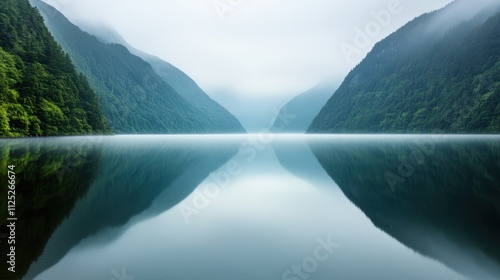 Serene landscape featuring a tranquil lake surrounded by lush green mountains under a misty sky, Ideal for nature promotions, relaxation themes, or environmental awareness projects, photo