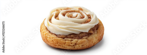 Delicious cinnamon roll cookie topped with creamy white frosting in a spiral design, perfect for dessert lovers.