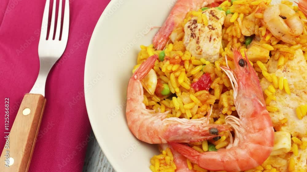 assiette de paella, vue du dessus, sur une table en bois