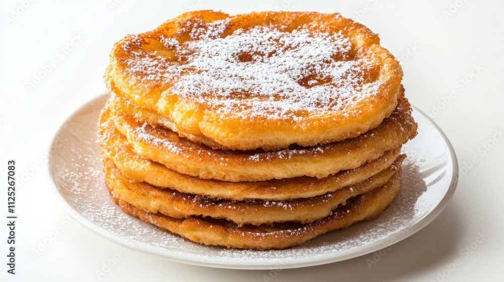 Golden Fried Pancakes Stacked High With Powdered Sugar Golden Fried Pancakes Stacked High With Powdered Sugar