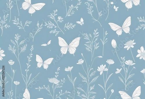 Seamless pattern with butterflies and white flowers