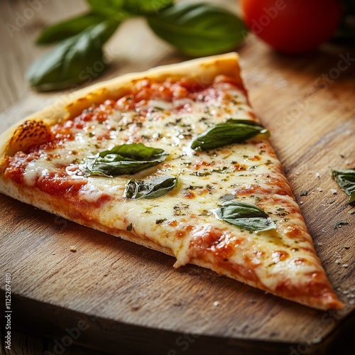 Sliced pizza margherita is garnished with fresh basil leaves and sits on a wooden board, creating an inviting presentation for pizza lovers photo