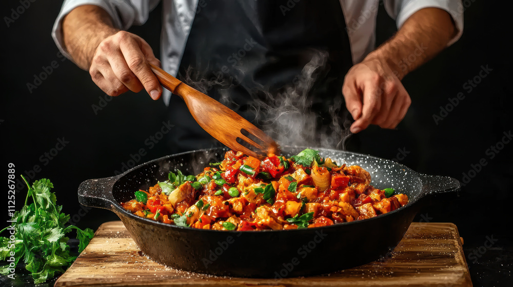 chef crafting unique fusion dish in sizzling skillet, showcasing vibrant ingredients and steam chef crafting unique fusion dish in sizzling skillet, showcasing vibrant ingredients and steam