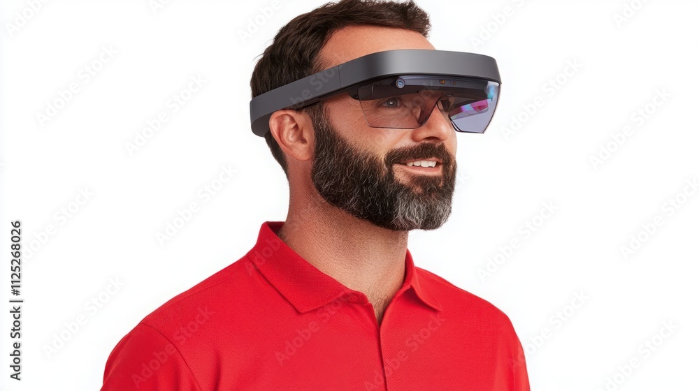 Man Wearing Augmented Reality Glasses Smiling with a Red Polo Shirt Against a White Background, Showcasing Innovative Technology for Various Applications Man Wearing Augmented Reality Glasses Smiling with a Red Polo Shirt Against a White Background, Showcasing Innovative Technology for Various Applications