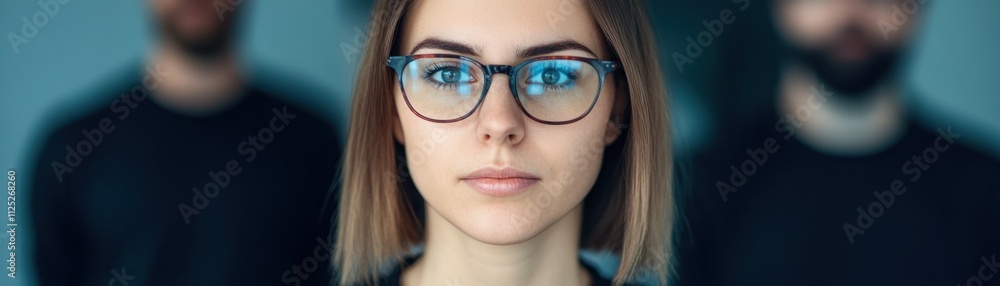 Young woman with glasses in sharp focus, surrounded by two indistinct figures in the background, representing professionalism and confidence in a modern work environment Young woman with glasses in sharp focus, surrounded by two indistinct figures in the background, representing professionalism and confidence in a modern work environment