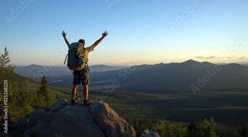 Un randonneur se tenant au sommet d'une montagne, les bras levés en signe de victoire, avec le lever du soleil en arrière-plan, portant un sac à dos et des chaussures de randonnée.