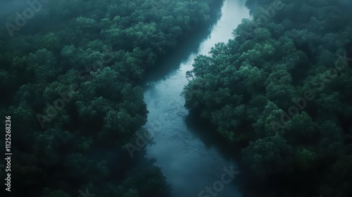 A close-up drone shot of a winding river cutting through dense forest, showcasing natures beauty from above photo