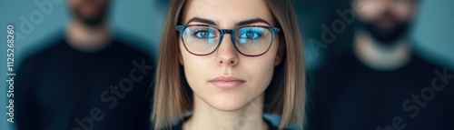 Young woman with glasses in sharp focus, surrounded by two indistinct figures in the background, representing professionalism and confidence in a modern work environment