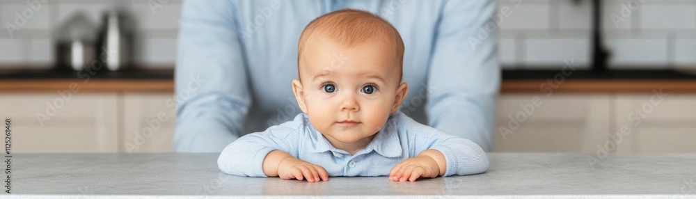 Adorable Baby with Big Blue Eyes and Light Brown Hair Sitting at Kitchen Table with Parent's Hands in Background, Engaging and Curious Expression Adorable Baby with Big Blue Eyes and Light Brown Hair Sitting at Kitchen Table with Parent's Hands in Background, Engaging and Curious Expression