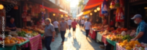 vibrant, blurred street market with colorful stalls and busy vendors under soft sunlight, banner background with copy space for text. crowd of people shopping outdoors