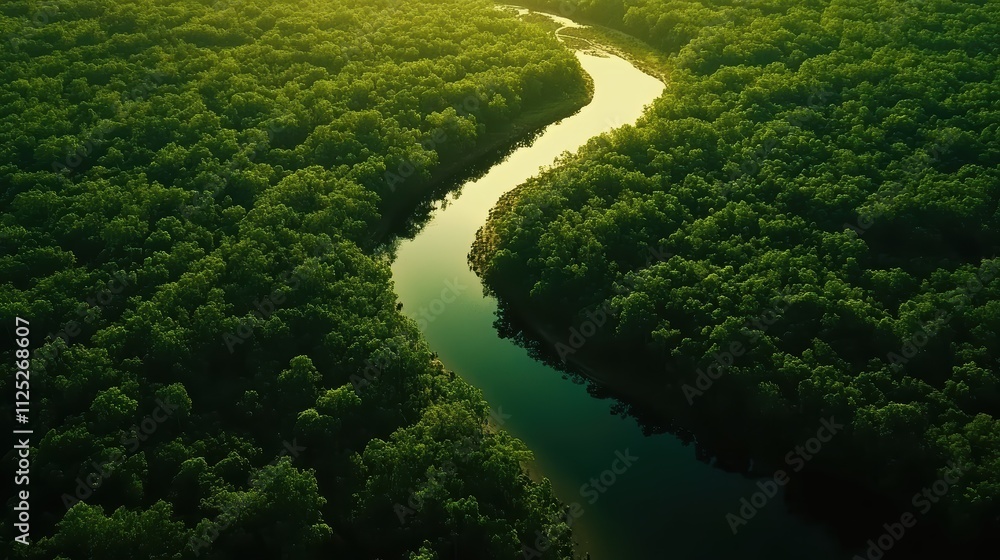 A close-up drone shot of a winding river cutting through dense forest, showcasing natures beauty from above A close-up drone shot of a winding river cutting through dense forest, showcasing natures beauty from above