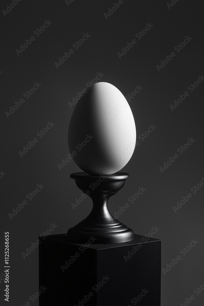White egg balanced on a black pedestal in an artful arrangement against a dark background White egg balanced on a black pedestal in an artful arrangement against a dark background