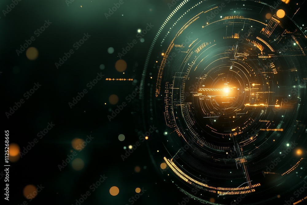 Fototapeta premium Abstract design featuring luminous circles with glowing elements in a dark background creating a futuristic atmosphere