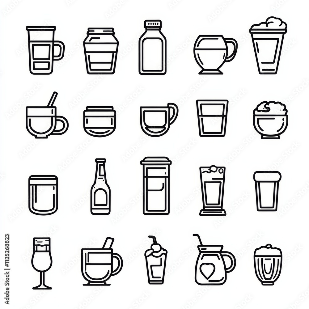 Drinks web icons in line style. Coffee, tea, soda, beer, alcohol, coctail, energy, wine, collection. Vector illustration. Drinks web icons in line style. Coffee, tea, soda, beer, alcohol, coctail, energy, wine, collection. Vector illustration.