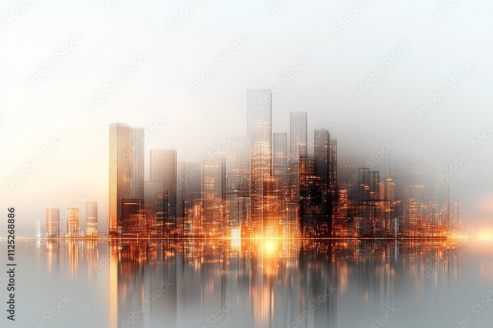 Sunrise over a futuristic city skyline reflecting on the water with hazy atmosphere and glowing lights Sunrise over a futuristic city skyline reflecting on the water with hazy atmosphere and glowing lights