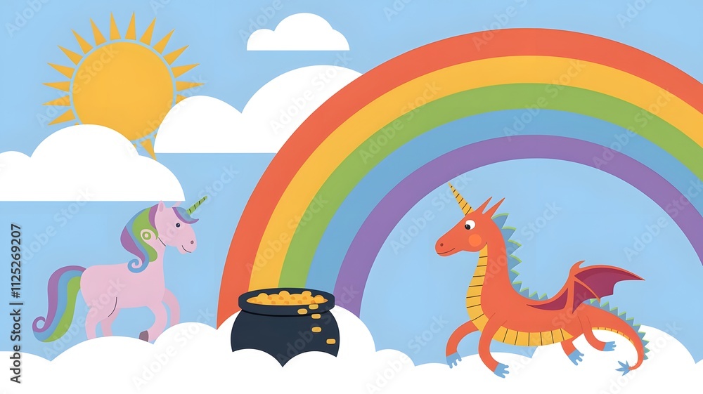 Obraz premium an illustrations of dragon and rainbow background 