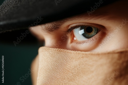 Wallpaper Mural Close-up view of an expressive eye partially covered with fabric in a mysterious setting during a quiet evening Torontodigital.ca