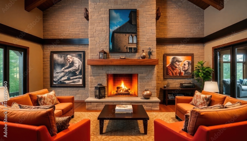Living room fireplace as the central feature, with cozy seating around it, stone or brick surrounds, and a warm glow setting the ambiance Living room fireplace as the central feature, with cozy seating around it, stone or brick surrounds, and a warm glow setting the ambiance