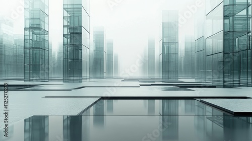 A minimalist square floor with subtle textures, with rows of symmetrical glass buildings towering above