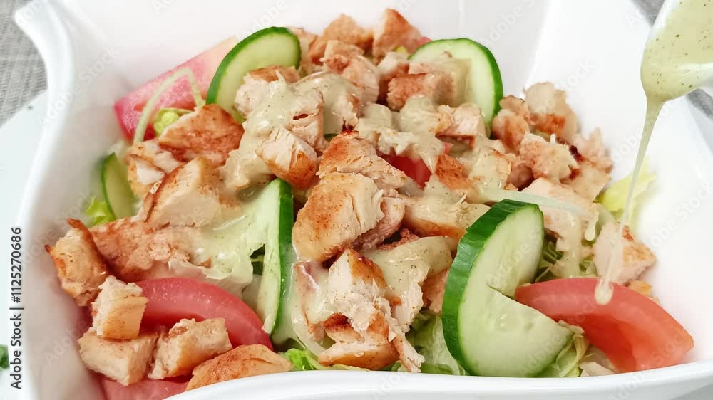 salade composée au poulet et crudités, en gros plan salade composée au poulet et crudités, en gros plan