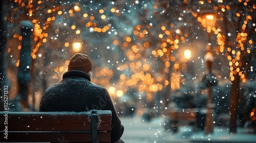 back view of lonely old man on a bench in the city winter park, Christmas Eve snowfall, New Year's background