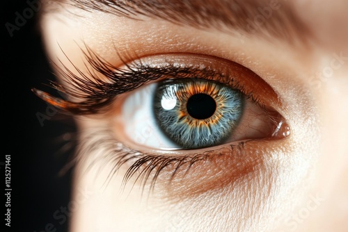 Unique close-up view of a captivating blue and orange eye with detailed eyelashes and iris patterns at a studio setting