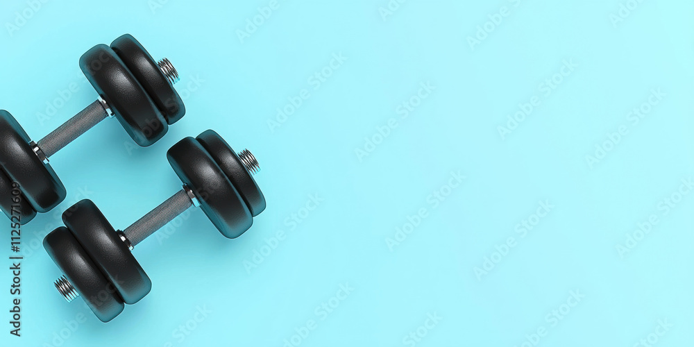 Pair of black dumbbells on a pastel blue background, simple layout with ample copyspace, sleek and contemporary look Pair of black dumbbells on a pastel blue background, simple layout with ample copyspace, sleek and contemporary look