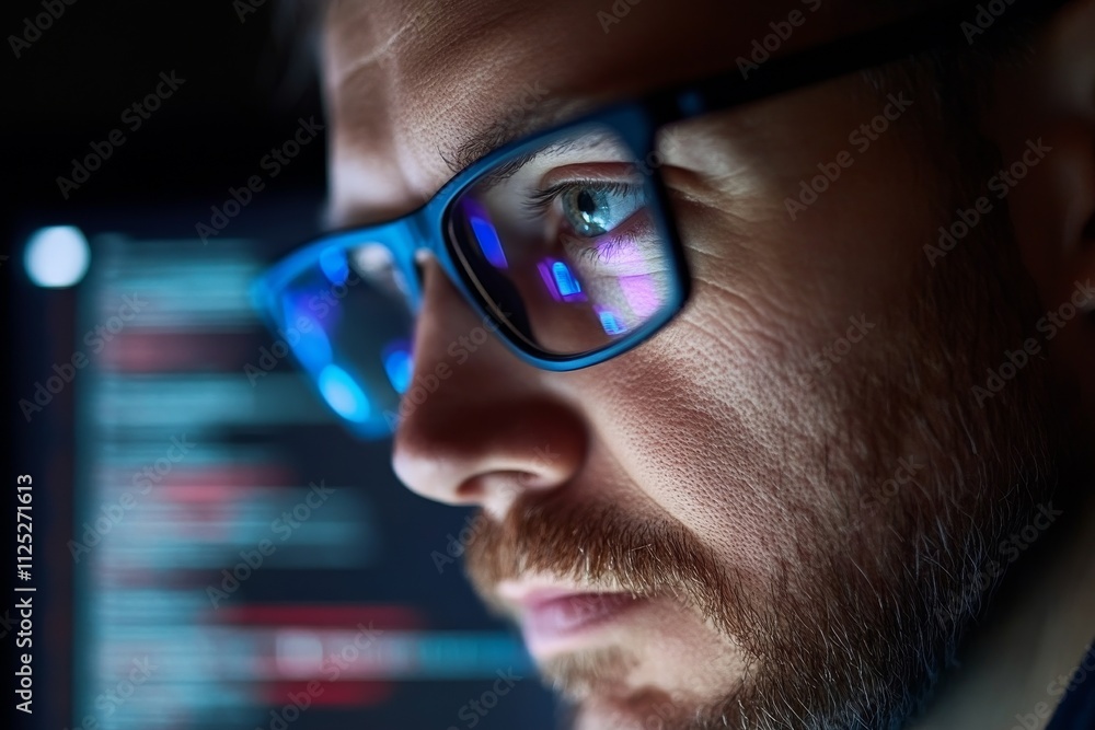 Focused programmer working late at night with glowing computer screen in dark environment Focused programmer working late at night with glowing computer screen in dark environment