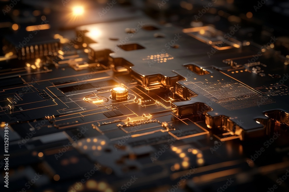 Circuit board technology illuminated by warm lighting showcasing intricate designs and patterns Circuit board technology illuminated by warm lighting showcasing intricate designs and patterns