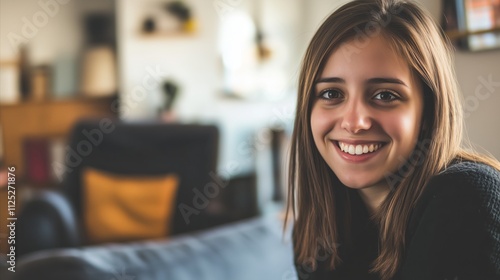 Woman is smiling and sitting on a couch