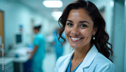 Close-Up Portrait of a Smiling Young Tuvaluan Woman Doctor in a Tuvaluan Hospital with a Blurred Background