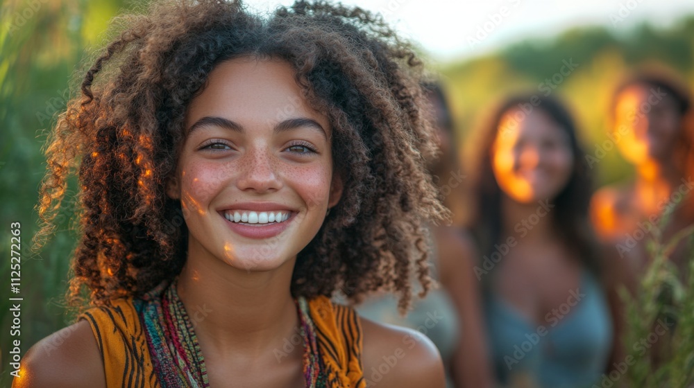A joyful young woman with curly hair stands in the foreground, smiling brightly. In the background, her friends are gathered, enjoying the warm afternoon light in a vibrant green field. A joyful young woman with curly hair stands in the foreground, smiling brightly. In the background, her friends are gathered, enjoying the warm afternoon light in a vibrant green field.