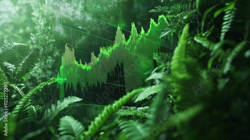 Green energy stock portfolio growth in nature realistic graph visualization among lush plants eco-friendly investment concept